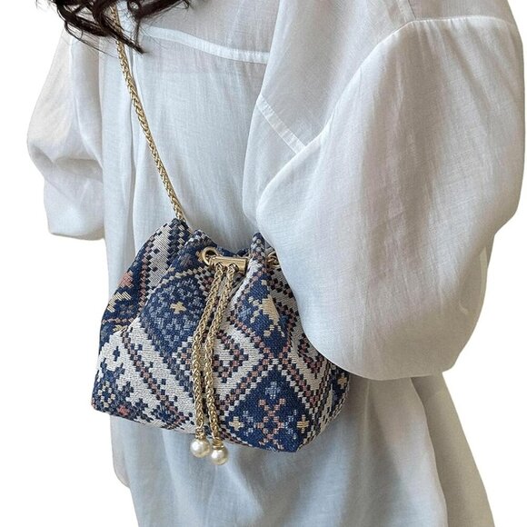 Blue White Multi Mini Plaid Drawstring Tote Bag Casual Boho Shoulder Handbag - Picture 2 of 7